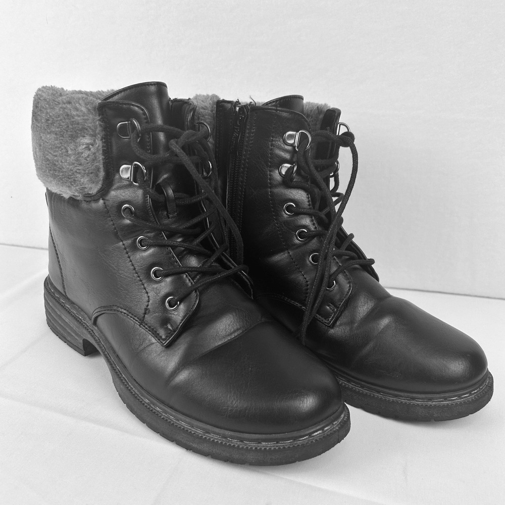 Wanted Winter Black Faux Fur Trim Lace Up Combat Goth Boots Side Zip Womens 9‎